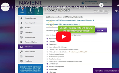 Watch a video on how to find communications in your Navient account